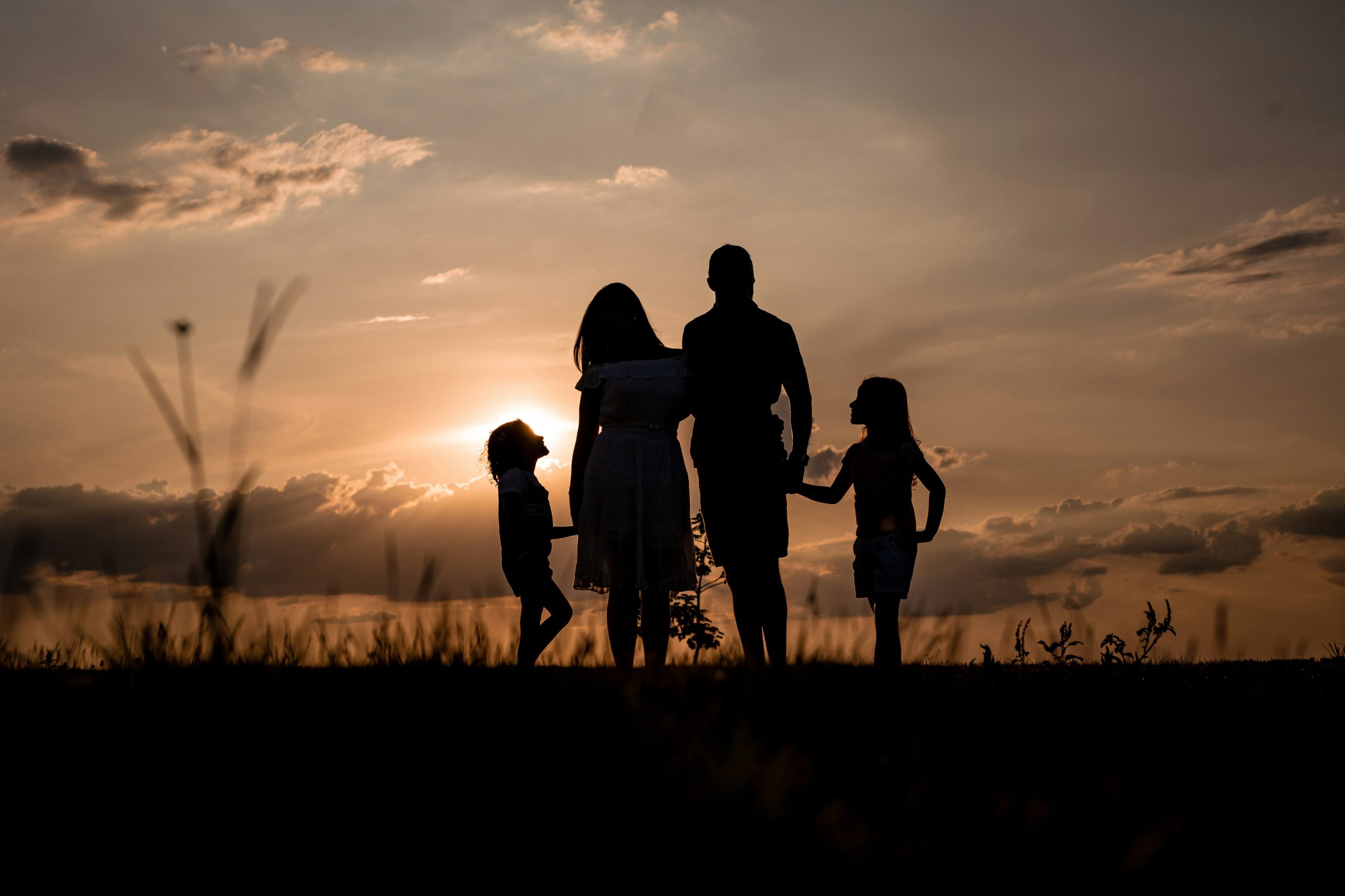 A family of four holding hands on a ridge, silhouetted against a sunset sky