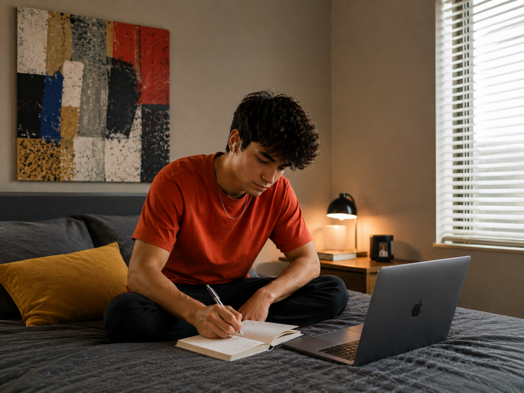 A young adult sitting on a bed taking notes while attending a virtual IOP.