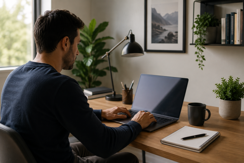 A man sitting at a desk working on his laptop.