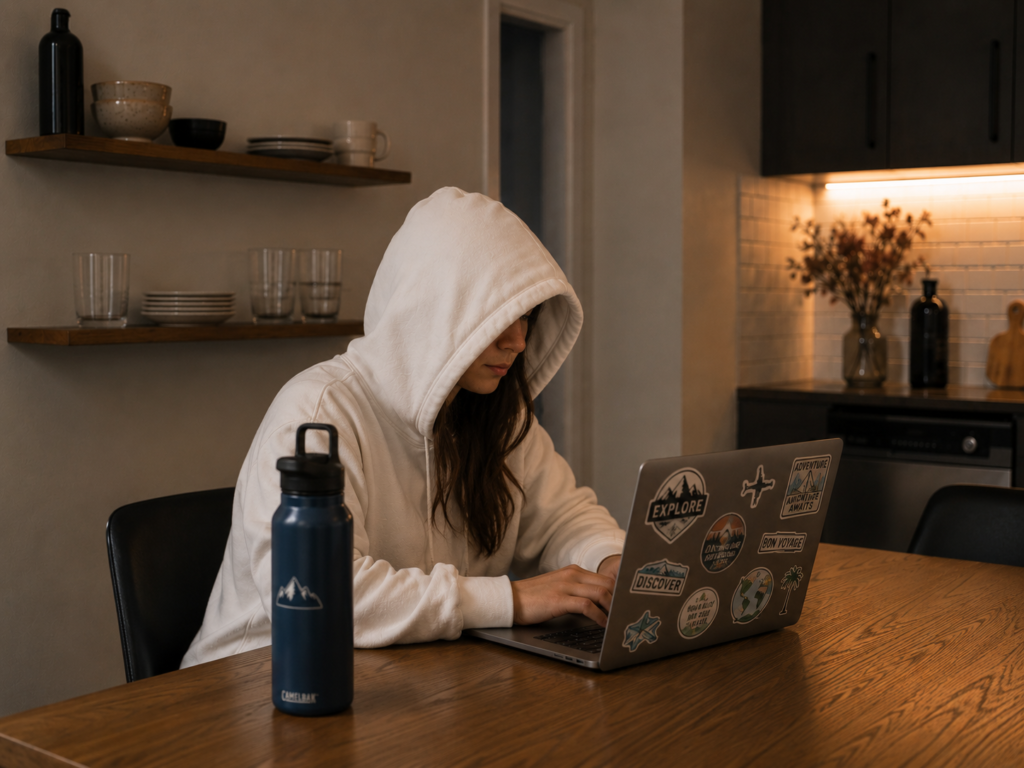 A person sitting at a table working on her laptop.